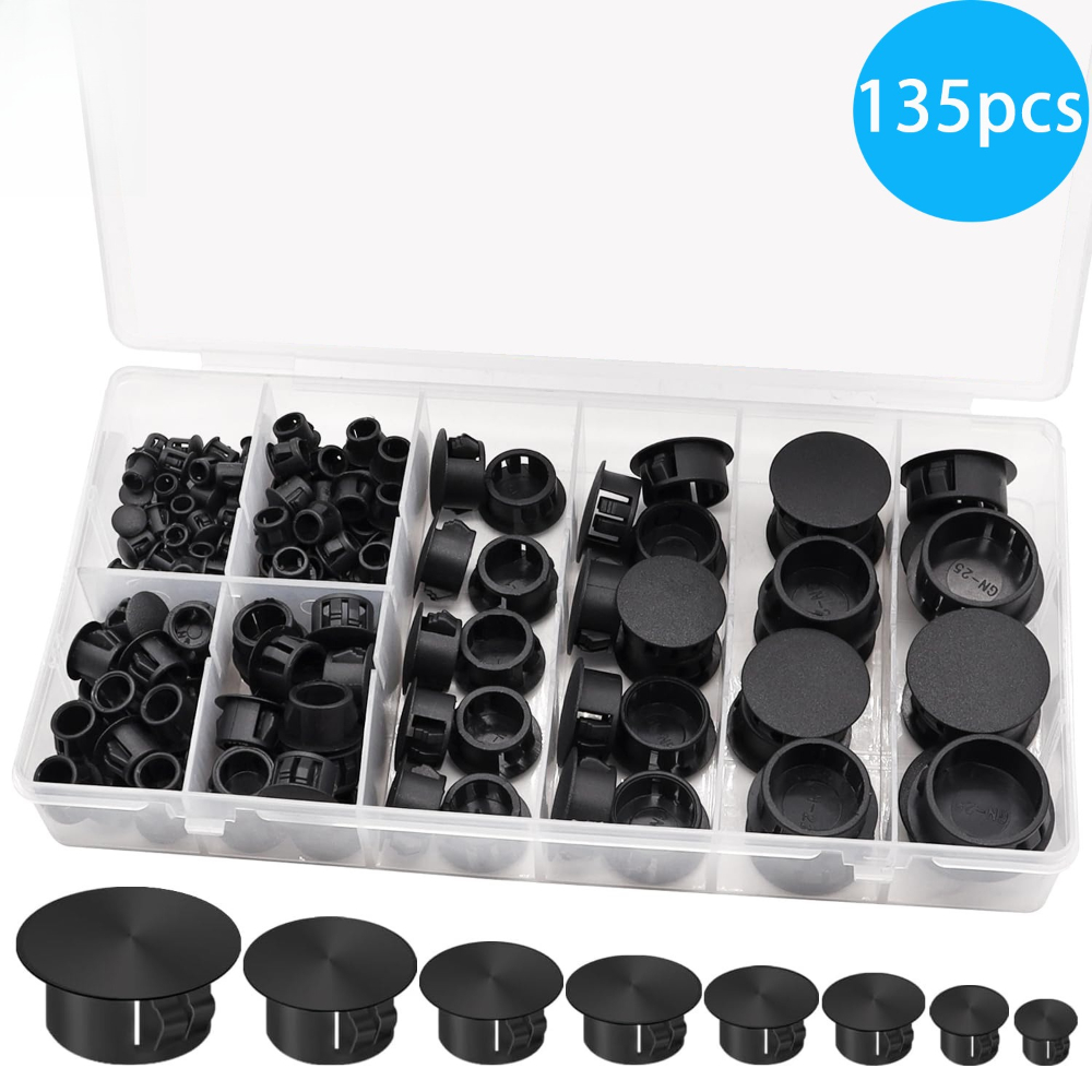 Furniture Screw Type - ฝาปิดรูพลาสติกแบบสกรู 135 ชิ้น สีดำ สำหรับเฟอร์นิเจอร์ หัวปลั๊กกลม