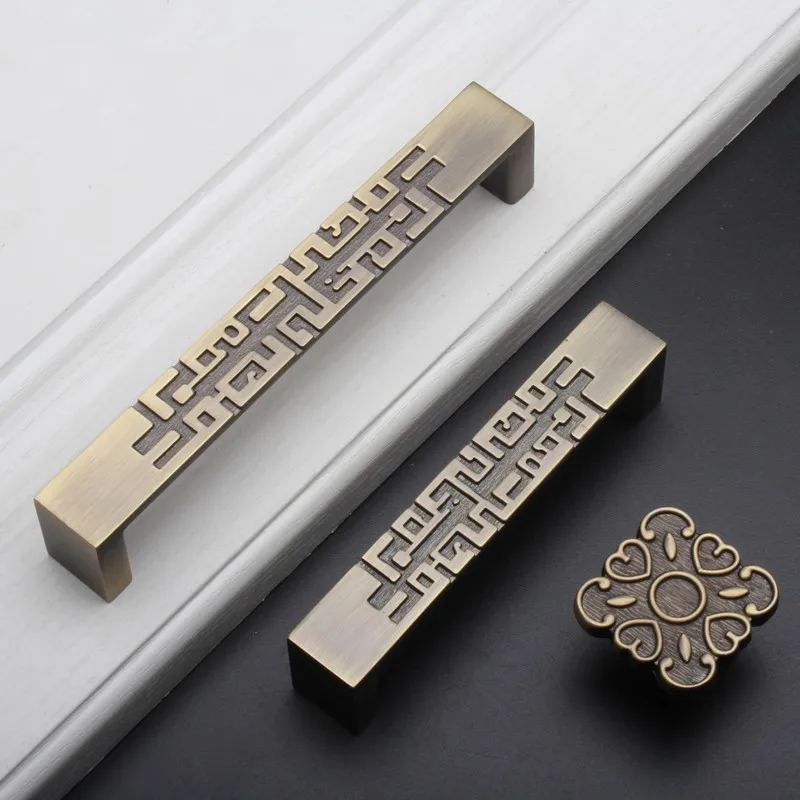 Unique Furniture Hardware - 2 ชิ้นสไตล์จีนลิ้นชักลิ้นชักดึง Handle Bronze ที่ไม่ซ้ํากันตู้จับลูกบิดประตูห้องครัวเฟอร์นิเจอร์ฮาร์ดแวร์